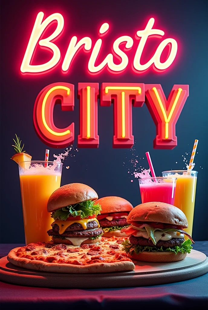 Pictures of an advertising banner for a pizza, burger and juice restaurant. The restaurant’s name is “bristo City.” High quality 3D neon lighting. With Hole series logo.