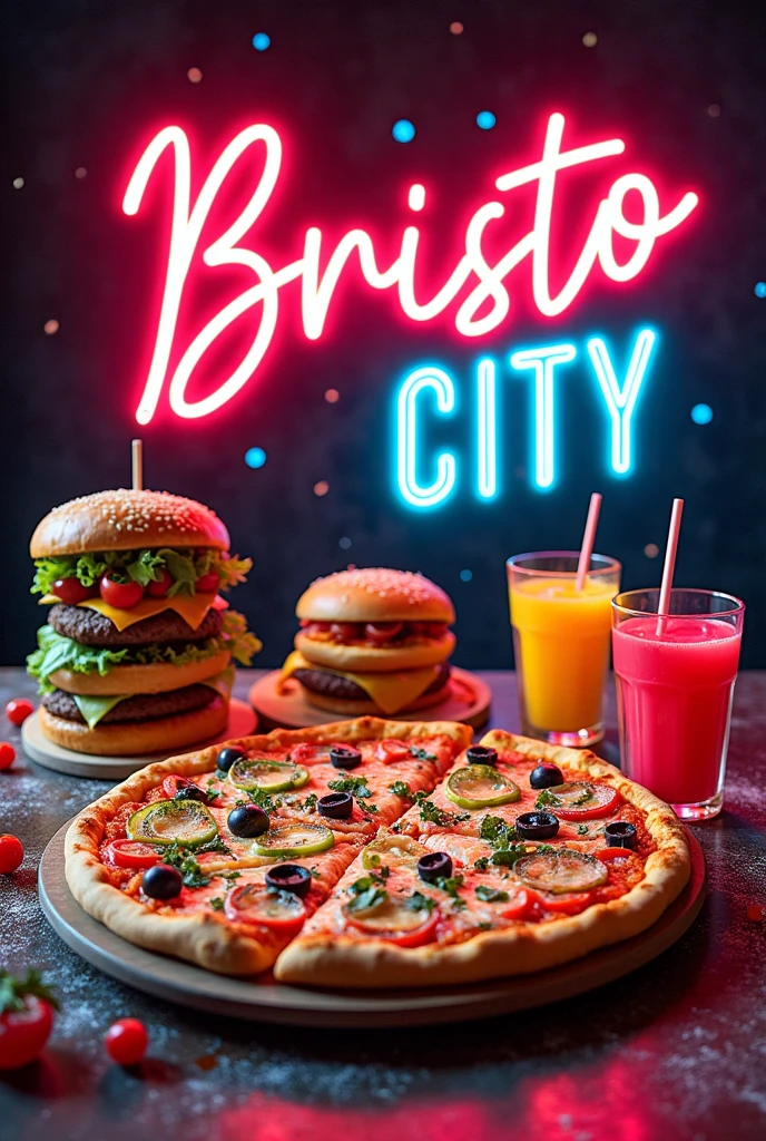 Pictures of an advertising banner for a pizza, burger and juice restaurant. The restaurant’s name is “bristo City.” High quality 3D neon lighting. With Hole series logo.
