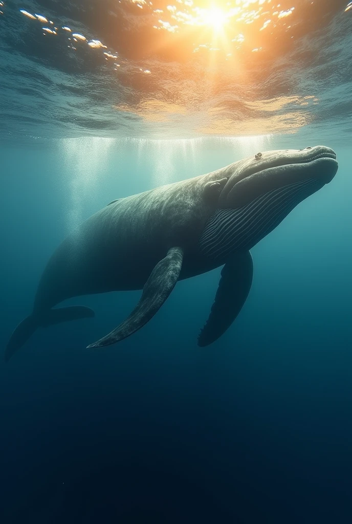 underwater photography，whales，Clear blue sea，sunraise，tmasterpiece，Very many details，lightand shade contrast，hyper HD，tmasterpiece，winning artwork，Best quality at best，A high resolution，16k，Photographic realism
