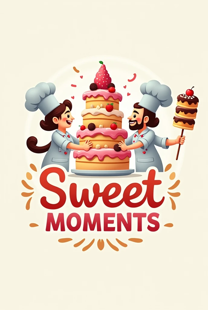 Logo with a couple of cake and skewer chefs for a restaurant business named Sweet Moments