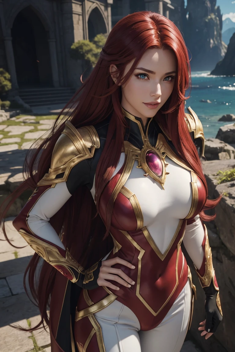 I want to be a powerful figure behind the scenes！,Iris Midgar,Red hair,long hair,Outside flip,Beautiful red eyes,Beautiful white skin,Black and golden suit,Long white pants,Photorealistic,Ultra HD,high quality,masterpiece,Digital SLR,Detailed details,Intricate details,Anatomical basis,Depicted in detail,A detailed face,Realistic skin texture,Vivid details,Perfect Anatomy,Perfect Anatomy,Anatomically correct hand,Anatomically correct fingers,Super Detail,Complex 3D rendering,The worldview of a fantasy with sexy poses,Nature,Picturesque,Pink Lips,smile,