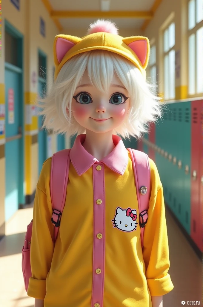 feminine man, with white hair, a yellow and pink hat with cat ears, wearing a yellow and pink school shirt, with a pink collar and a Hello Kitty backpack