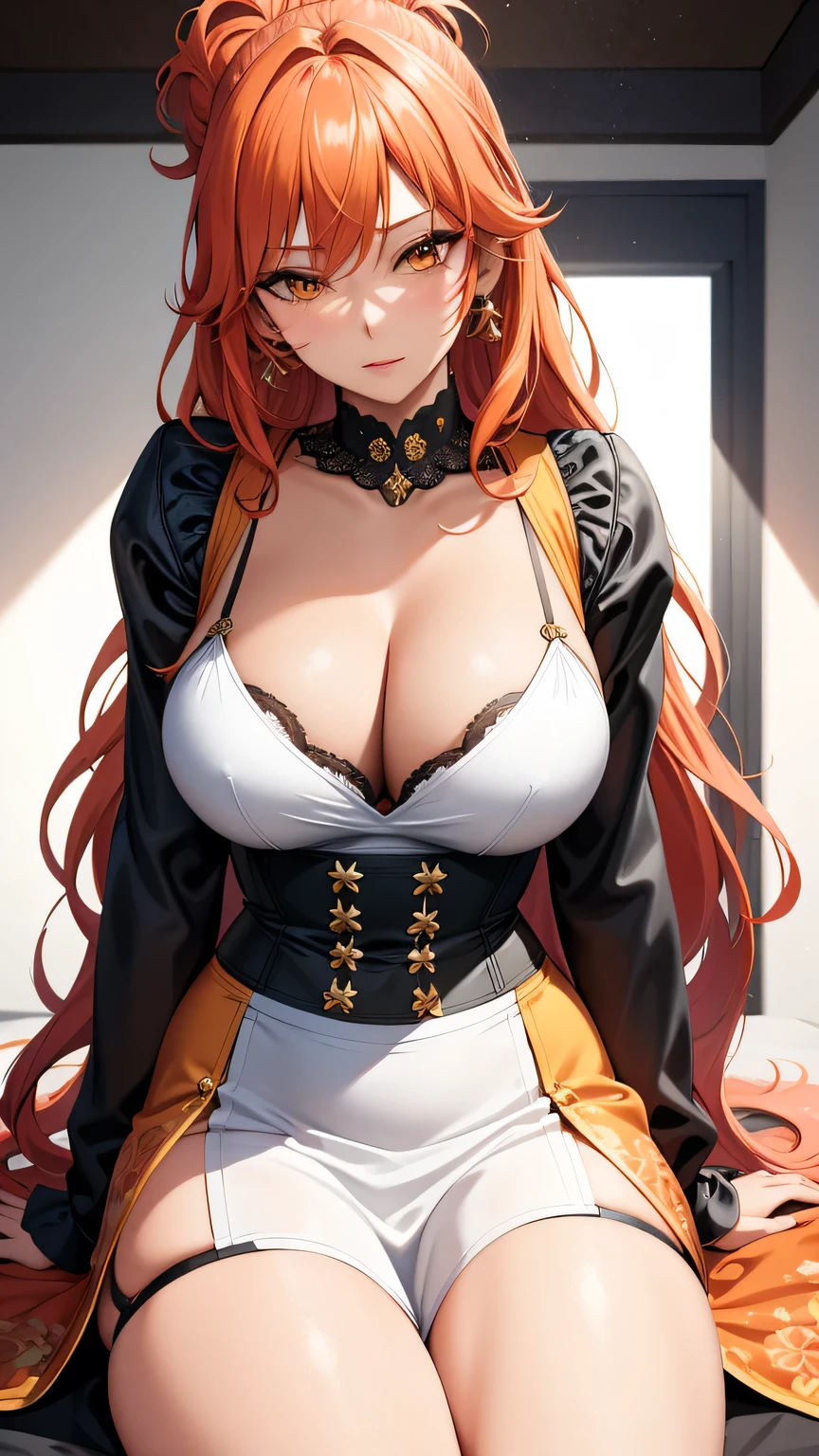 (best quality:1.5, highres, UHD, 4K, detailed lighting, shaders), orange floral haired, gradient hair, large breasts, maid cafe clothes, mature woman , (pov), white background, colorful eyeshadow, dramatic lighting, sparkling eyes, sensual expression, golden earrings, flowing hair, delicate facial features, dark skin, high cheekbones, urban setting, white background, dont look for the camera, behind the camera