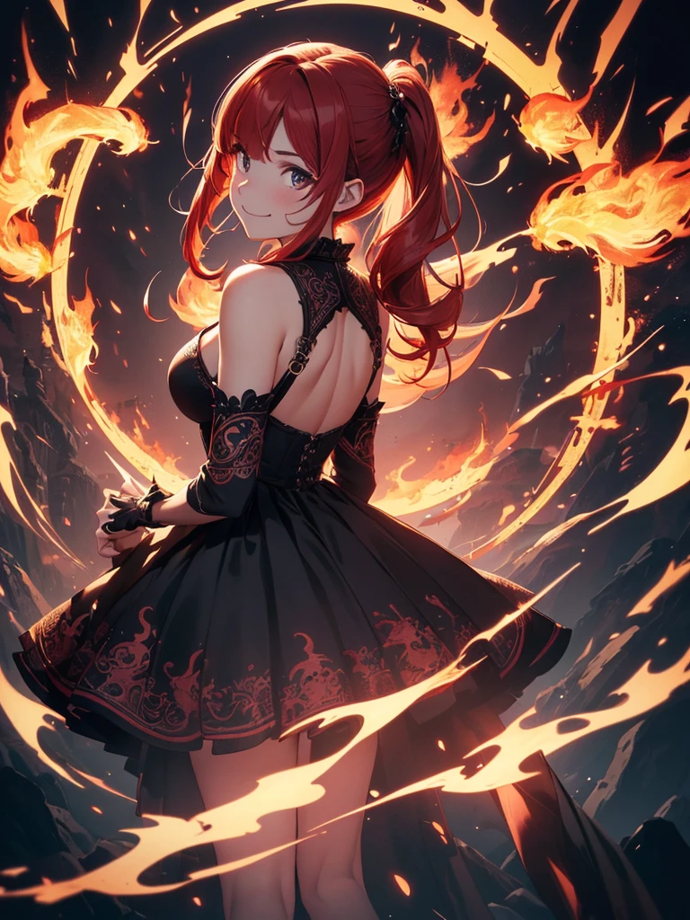 (((best quality, sharp image, clear image, cinematic lighting, 8k resolution, masterpiece, ultra detailed, intricate))) Girl, (((looking over left shoulder))), (shot from behind), ((shot from hip up)), fiery red hair, pigtails, ((intricate black dress)), ((flaming sigils, flaming runes)), spiky rock formations, (flaming lotus flowers frame), (intricate background), ((Phoenix)), (swirling flames), smiling