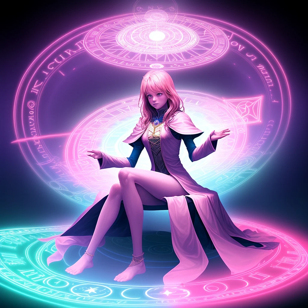 Sitting pose A pose floating on a pink glowing magic circle Wizard's Fashion Costumes In his left hand he holds a swirling pillar of glowing pale blue flames. Brandish the mage's staff in his right hand Black 70% Fri 25% Red 5% 8k Super Graphics Surreal Ultra-fantastical Super detailed Geometric pattern no gravity