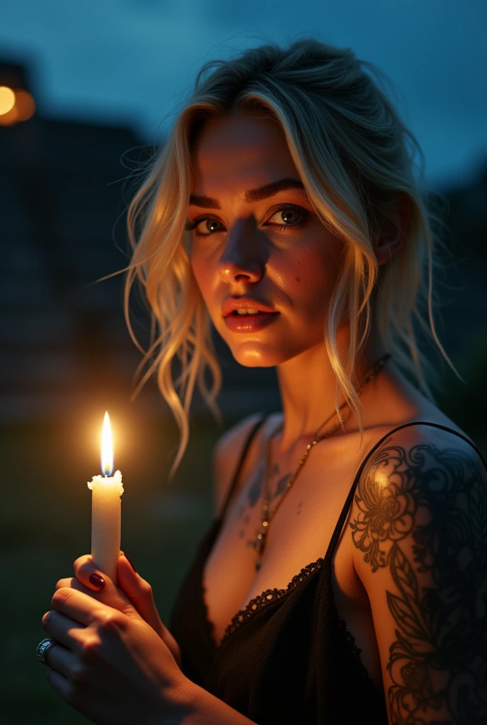 tatuados,a beautiful blonde with big breasts、(Tears),(Back tattoo、Many tattoos on both arms and neck)、 (Ancient ruins of the Inca Empire at night),Candlelight only,Very detailed, 21 years old, Depressed face, Wavy Hair, blue eyes, High resolution, masterpiece, Highest quality, Intricate details, Very detailed, Clear focus, Delicate skin, practical skin texture, texture, Delicate eyes, Professional, 4K, Sad face,despair、 Shot with Canon, 85mm, Shallow and deep, Kodak Vision Color, Exactly, Very detailed, photograph_\(Extremist\), photographpractical, practical, Post-processing, Maximum details, Roughness, Real Life, Extremist practical, Photorealism, photographgraphy, 8K Ultra HD, photographgraphy
