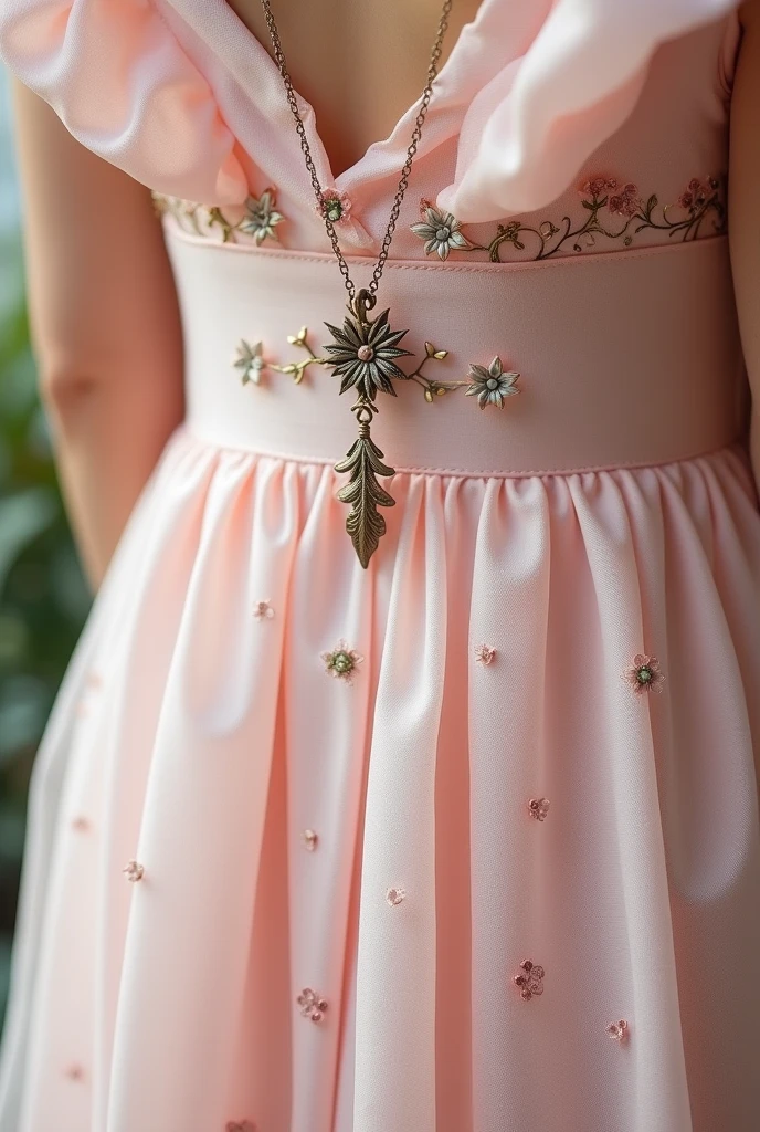 Light pink sword sheath with flowers, mini flower drawings by the hemline and an antique jasmine flower pendant