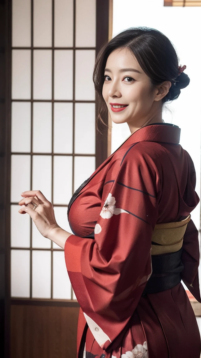 Mature attractive sexy woman,50 years old, ((kimono)),((vermilion))、(((kimono))),((Big Breasts:1.1)),(Facial wrinkles:0.9),light makeup,Light brown hair,Long Hair,(Full body photo:0.85),(Emphasize big buttocks),8k, RAW Photos, Highest quality, Laughter,cleavage,masterpiece,Highest quality、A kind smile、A captivating gaze、Random Hairstyles、Japanese-style room、Shoji Screen、lanthanum、Facing forward