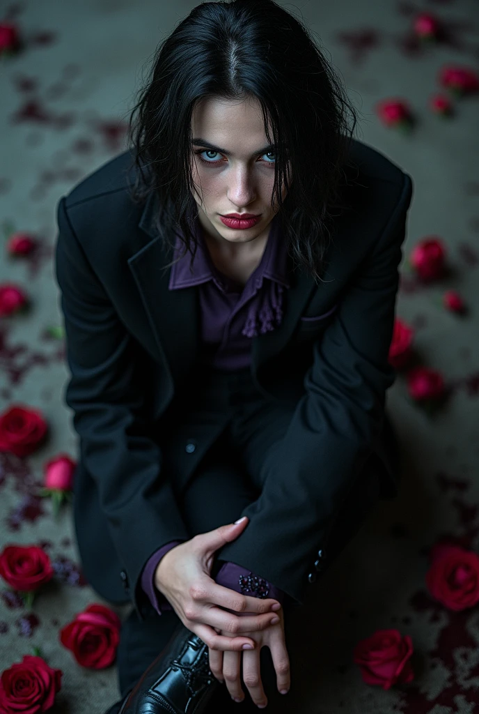 Male, sexy, long black hair, teal blue eyes, young, gothic clothes. delicate features, no facial hair, no body hair, seductive, white and pale. Roses. Purple and black. Long eyelashes. No facial hair. Man. Male. Smirking. No body or facial hair. Young male. Male. Towering over the camera. Full body. Malicious. Sexy pose. Crossing his legs. Raising a brow. Blood. Scary atmosphere. Dark.