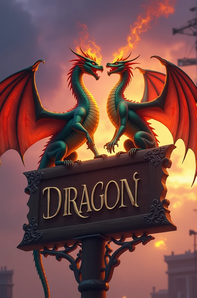 Dragons breathing fire on top of a sign 