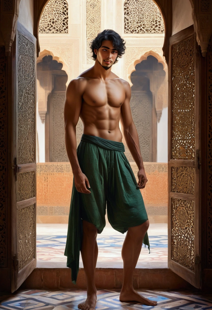 baroque painting+muslim_art fullbody portrait, an arabian prince, cinnamon skin green eyes, wavy black hair, thin face, perfect detailedd feet, slender toned body, body hair, beautiful face, next to a young viking, blond, blue eyes, muscular beautiful face, strong, masculine perfect proportions, white skin innocent look, shirtless, pantless, both men looking each other smiling standing and kissing wearing shorts in a medieval arab deco room large windows to see the La Giralda in Sevilla model 5 0 0 px, Nikon d 8 5 0 camera, fullcolor, sticker of a full body picture of a beautyfull young man, highly detailed beautyfull face, freedom, soul, digital illustration, approaching perfection, dynamic, highly detailed, watercolor painting, artstation, concept art, smooth, sharp focus, illustration in the style of artists like Russ Mills, Sakimichan, Wlop, Loish, Artgerm, Darek Zabrocki, and Jean-Baptiste Monge (homoerotism_fullbody_nsfw) Body Position
