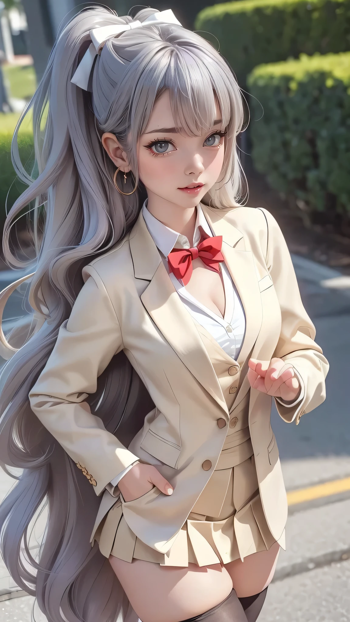 (masterpiece:1.2, highest quality), (realistic, photorealistic:1.4), beautiful illustrations, (natural side lighting, movie lighting), NSFW,
looking at the viewer, 1 girl, Japanese, high school girl, perfect face, Cute symmetrical face, shiny skin,
long hair, (straight hair. up hairstyle), (Silver-purple hair), crossed bangs), sky blue eyes, Big eyes, slanted eyes, long eyelash, (medium breasts), thin,
beautiful hair, beautiful face, detailed and beautiful eyes, beautiful clavicle, beautiful body, beautiful breasts, beautiful thighs, beautiful feet, beautiful fingers,
((Bunzuki Gakuen, (Long sleeve beige blazer), white thigh highs, white collared shirt, black suit vest, black pleated mini skirt), red bow tie),
(beautiful scenery), morning, station, (walk), (No expression),