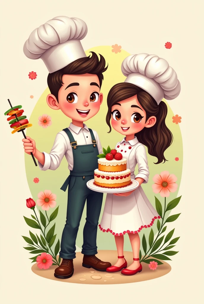 Logo with a young couple of cake and skewer chef for a restaurant business named Dulces Momentos