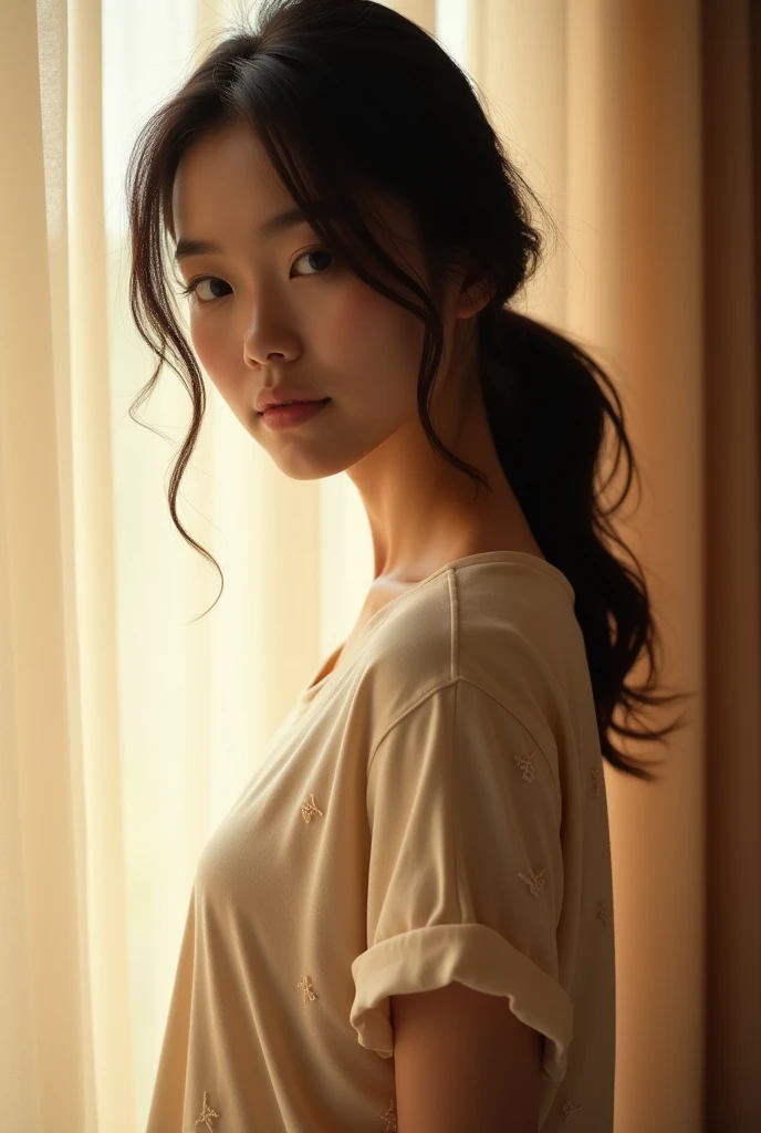 A Japanese woman wearing a loose T-shirt and bending over。Close-up of the chest。