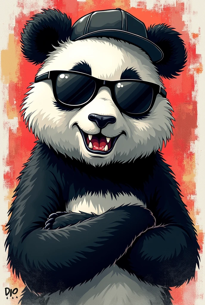Please generate for me a head of a panda bear looking straight ahead with black sunglasses and a backwards cap, with one arm around the waist and the other arm raised as if showing something (so I can put something on top later), grinning with his fangs. only with colors: negro, White and grey.
Graffiti caricature style 2D