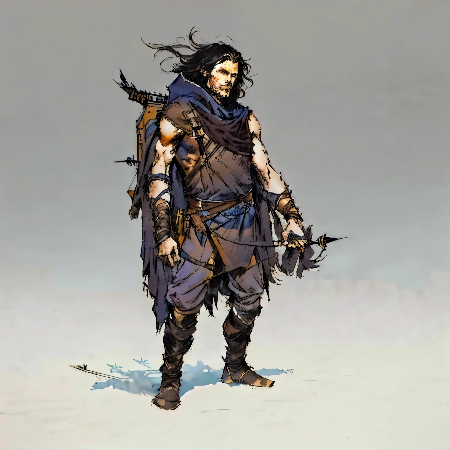 It's tall and skinny, with long, very dark brown hair, He looks younger than he is, Always appears with loose, messy hair, which sometimes makes people think he's strange or crazy, hood with earflaps, and travel gear, bow and arrow