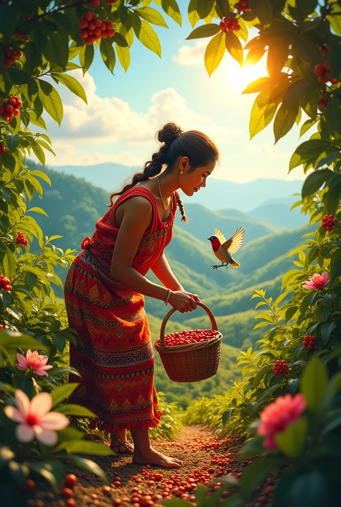 Peasant woman collects coffee with her animated basket