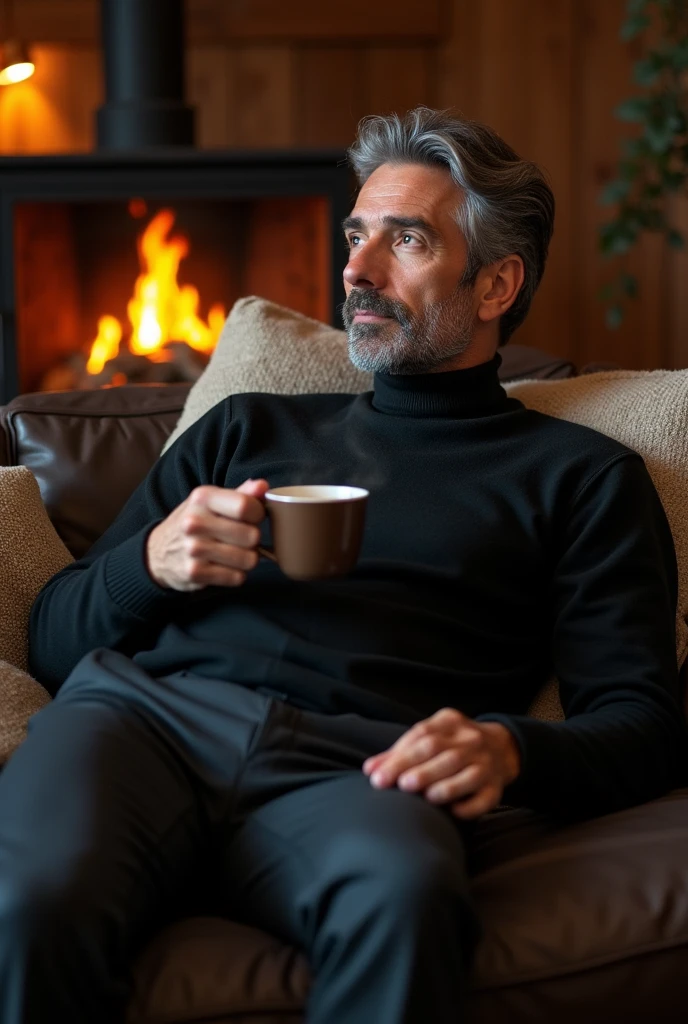 40 year old man, dressed in black, sitting on sofa