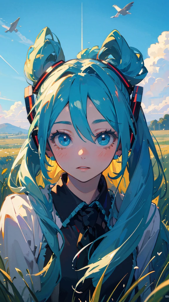 (masterpiece,best quality:1.4), high resolution,super fine illustration, detailed skin, detailed face, detailed eyes, Hatsune Miku, looking up at the sky and pointing, grassland in the background, bird’s eye view