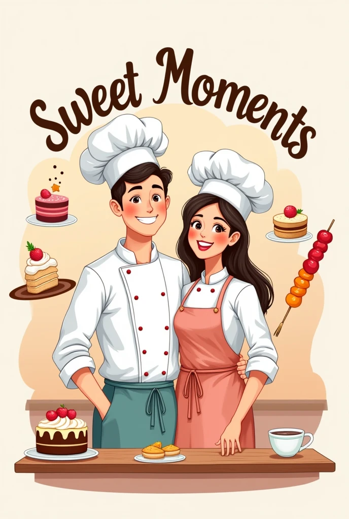 Logo of a young chef couple for a cake and skewer restaurant business called Sweet Moments