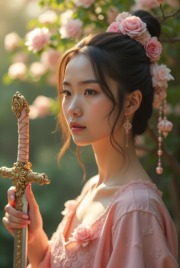 Light pink sword sheath with floral print and an antique jasmine flower pendant