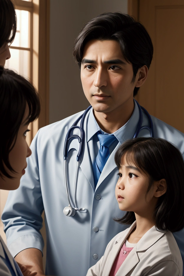 a doctor talking to a , and his family behind looking