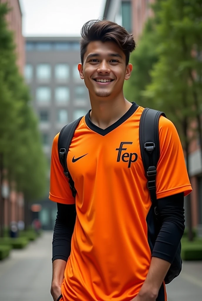 Orange jersey with large black details and the initials FEP (Faculty of Economics and Planning) on the chest with a logo
