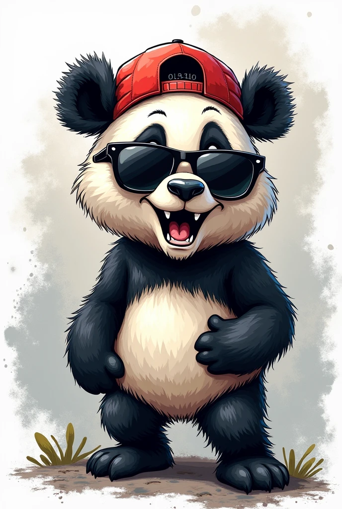 Please generate for me a head of a panda bear looking straight ahead with black sunglasses and a backwards cap, with one arm around the waist and the other arm raised as if showing something (so I can put something on top later), grinning with his fangs. only with colors: negro, White and grey.
Graffiti caricature style 2D