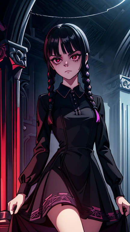 (1girl, wednesday_addams), (extremely detailed CG unit 8k wallpaper),(master part), (best quality), (ultra detail), (best illustration),(wanostyle), cowboy shot, (Sharp eyeliner, ombre, detail eyes), dark dungeon interiors background, ,break , (vamptech), dress, black dress,