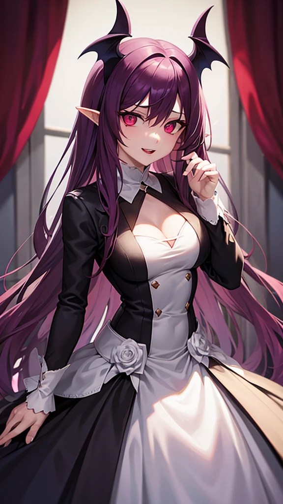 vampires. Eyes red. dark purple hair. medium breasts. medium hip. White noble dress.