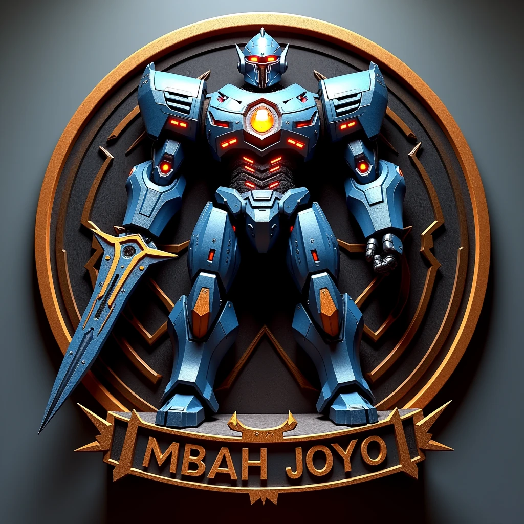 A luxurious emblem with the words "MBAH JOYO," located below a large, impressive Robot. The Robot has a metallic blue body with angular armor and glowing red elements, including a chest emblem. The Robot wields a large sword with a glowing tip and is set against a dark geometric patterns background. Striking lighting effects highlight the Robot's features. All objects used in this emblem are made of pine wood with a clear varnish, highlighting the natural grain of pine wood.