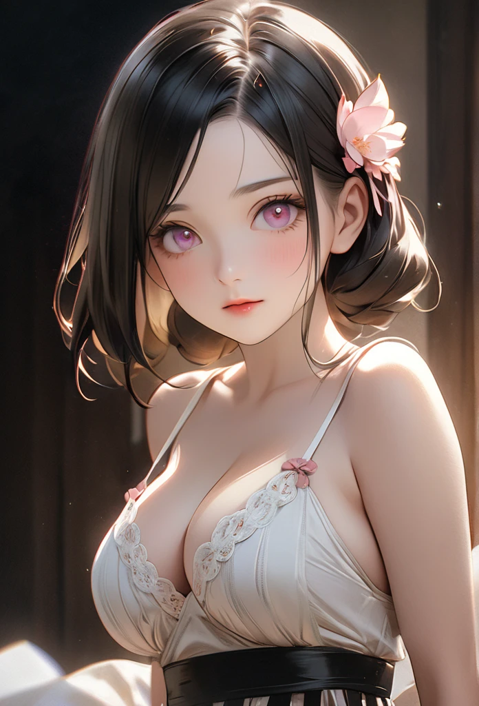 famous vintage 1920s photo, Black background, nezuko Komado, pink eyes, big tits, cleavage, 1920s style dress, chromatic aberrations, 1920s photo, restored photograph, sepia, historical archive photo, Black background, nezuko Komado, big tits, cleavage, 1920s style lingerie, chromatic aberrations, anime, masterpiece, fine details, breathtaking artwork, painterly art style, high quality, 8k, very detailed, high resolution, exquisite composition and lighting, pretty anime character, adorable, featured on pixiv, very detailed, absolute masterpiece, sharp, realistic light, pastel, ((highlight)), (soft), (pretty), realistic background, realistic background light, ray-tracing, background, beautiful, (8k), realistic light, realistic light effec
