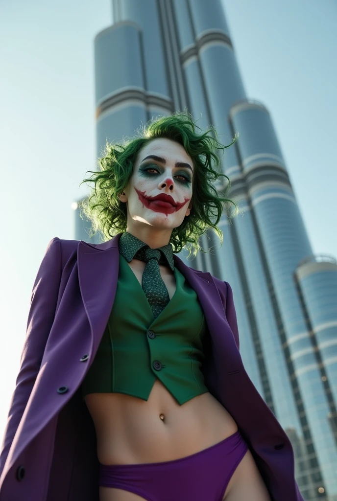 {
  "prompt": "A faithful female version of the iconic Joker from DC Comics, reimagined with a  yet psychotic allure, striking a dramatic pose at a famous tourist spot in Dubai. She has pale white skin and wild, vibrant green hair styled in messy, chaotic curls. Her makeup is heavy and smeared, inspired by Heath Ledger’s Joker, with dark, hollow eyes surrounded by smudged black makeup and a blood-red, twisted smile that extends unevenly beyond the corners of her mouth, creating a chilling yet irresistible grin. She wears a tailored purple suit jacket with a green vest and matching tie, left open to reveal her toned, alluring physique, paired with a revealing purple bikini bottom. She stands confidently in front of the Burj Khalifa, the tallest building in the world, which towers majestically in the background. The modern, sleek architecture of the skyscraper contrasts with her chaotic appearance. Her pose is bold and provocative, with one hand resting on her hip and the other playfully adjusting her hair, as she gazes into the camera with a look that blends madness and allure. The scene combines Dubai’s futuristic skyline with her unsettling presence, creating a striking and unforgettable image.",
  "size": "1024x1792"
}
