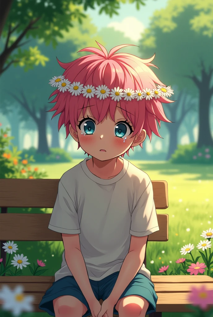 Adult pink-haired boy wearing a daisy flower crown, crying in a park with a sad face, anime drawing style