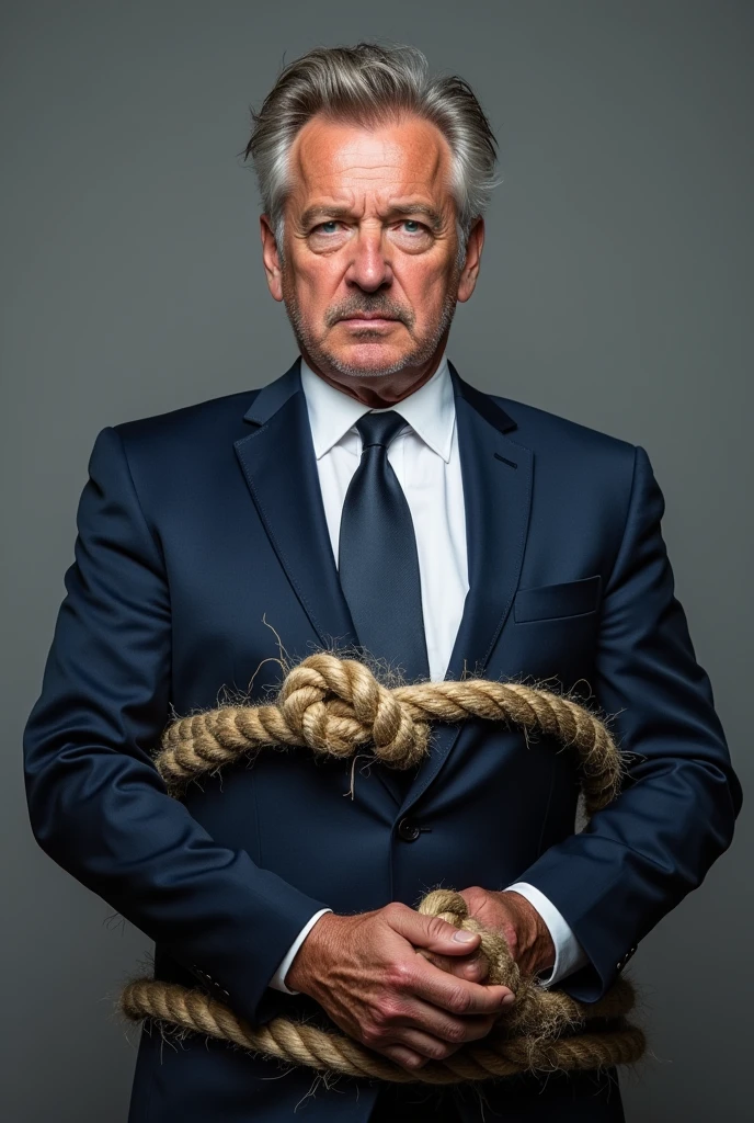 Middle-aged man in a business suit tied with a rope against a plain background