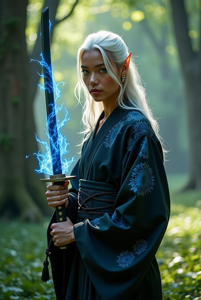 Elf Man ,BROWN SKIN, with green eyes, with white hair,looking 18 years old,with the body well detailed,He wears a black kimono with blue details ,and a black katana with blue shine and fire emerging from the katana
