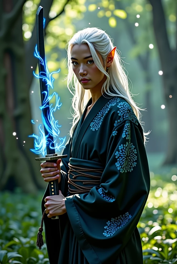 Elf Man ,BROWN SKIN, with green eyes, with white hair,looking 18 years old,with the body well detailed,He wears a black kimono with blue details ,and a black katana with blue shine and fire emerging from the katana