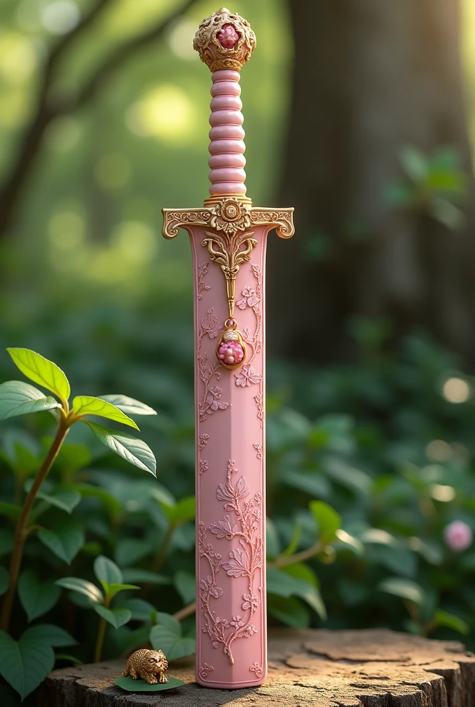 Light pink sword sheath with flowers and a pendant with an antique jasmine flower and a small golden tiger