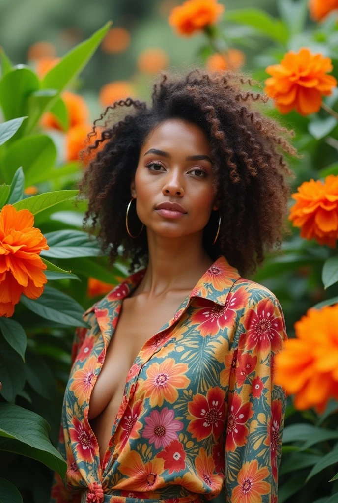 A Brazilian woman in a lush tropical garden, wearing an open shirt with a floral print, with a close-up capturing the harmonious beauty between her breasts and the natural flowers, showing off your natural charm and outgoing personality.