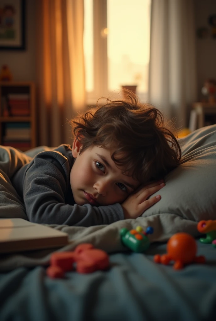 I need a nadir angle shot of a disappointed boy lying in his bed.