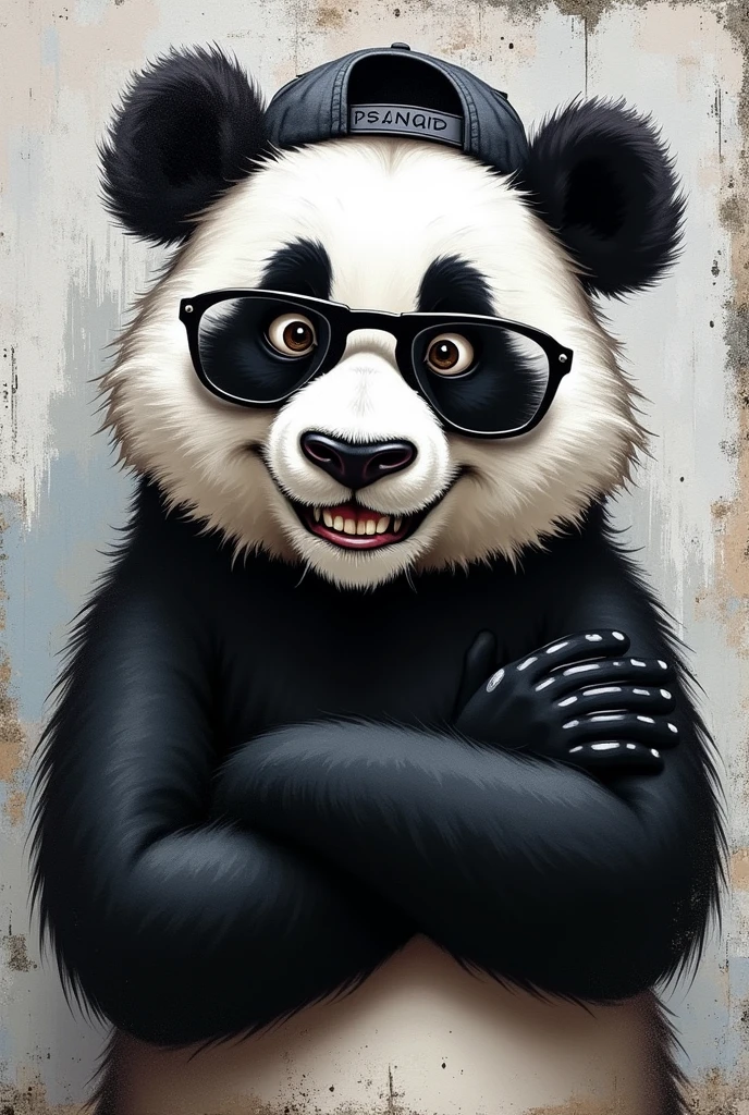 Please generate for me a head of a panda bear looking straight ahead with black sunglasses and a backwards cap, with one arm around the waist and the other arm raised as if showing something (so I can put something on top later), grinning with his fangs. only with colors: negro, White and grey.
Graffiti caricature style 2D