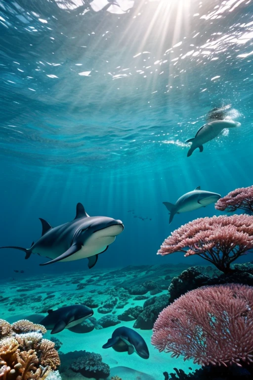 Whales, shark, Dolphin, Killer whale, seal, Manta ray, Tuna, カジキTuna, Coral Reef, Underwater seascape, Crystal clear seawater, Sunlight sparkling on the waves, School of tropical fish, Vibrant marine life, Calm and tranquil underwater environment, Ultra-realistic, 8k, Realistic, Cinema Lighting, Stunning colors, masterpiece