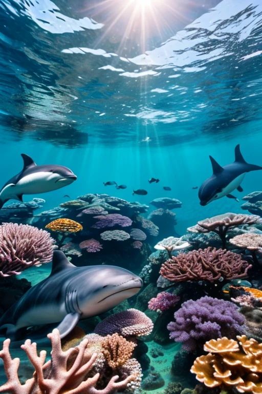 Whales, shark, Dolphin, Killer whale, seal, Manta ray, Tuna, カジキTuna, Coral Reef, Underwater seascape, Crystal clear seawater, Sunlight sparkling on the waves, School of tropical fish, Vibrant marine life, Calm and tranquil underwater environment, Ultra-realistic, 8k, Realistic, Cinema Lighting, Stunning colors, masterpiece