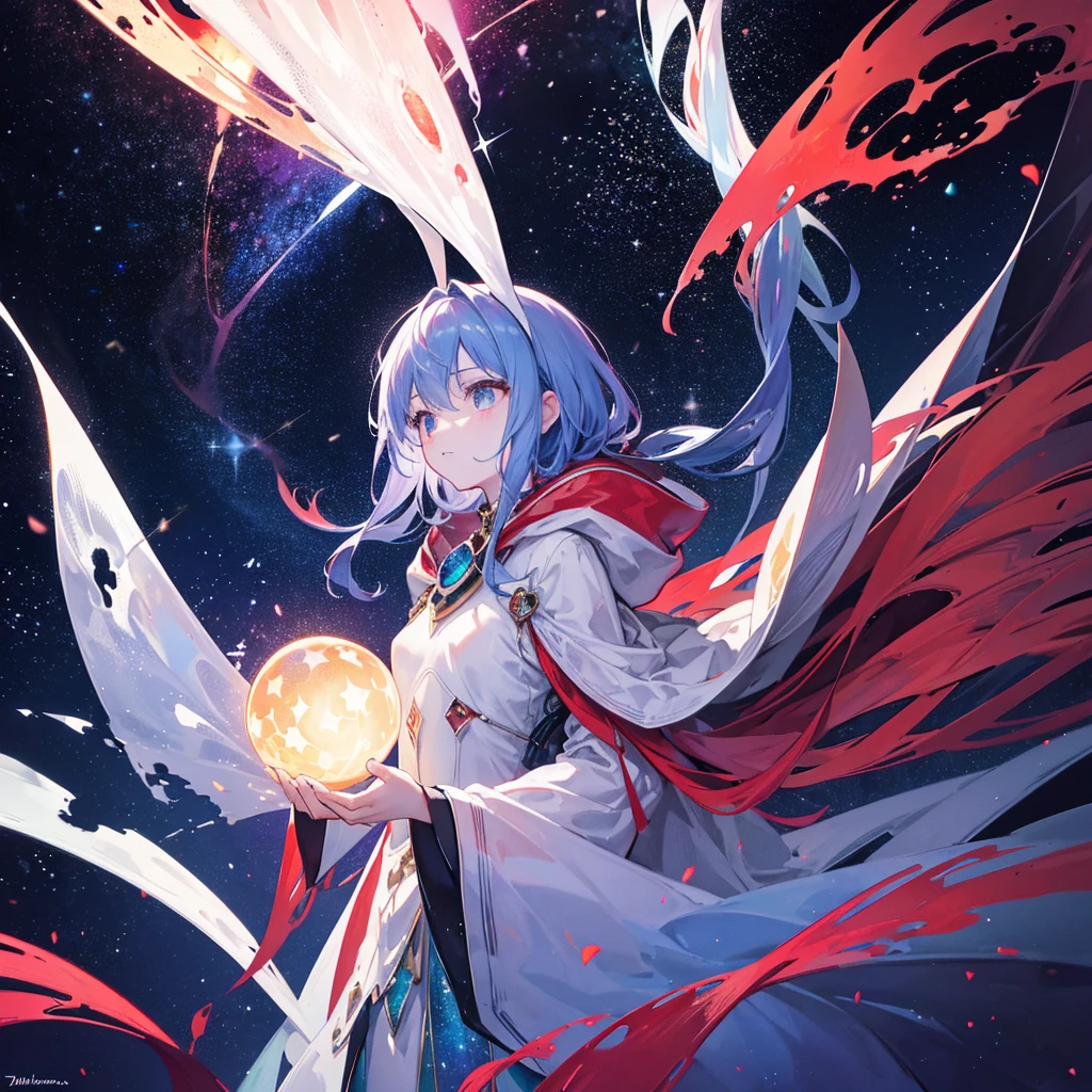 mysterious, hooded cosmic figure, standing in the depths of space with a celestial background of stars and galaxies. The figure's face is an infinite void filled with stars, representing the universe itself. It holds a glowing, mystical orb in its hands, symbolizing the power and mystery of the cosmos. The scene is bathed in dark, otherworldly colors with hints of red and white light, creating a sense of awe and reverence. The surrounding environment includes towering structures, possibly alien or ancient, and the overall atmosphere evokes the presence of a powerful observer of the universe.