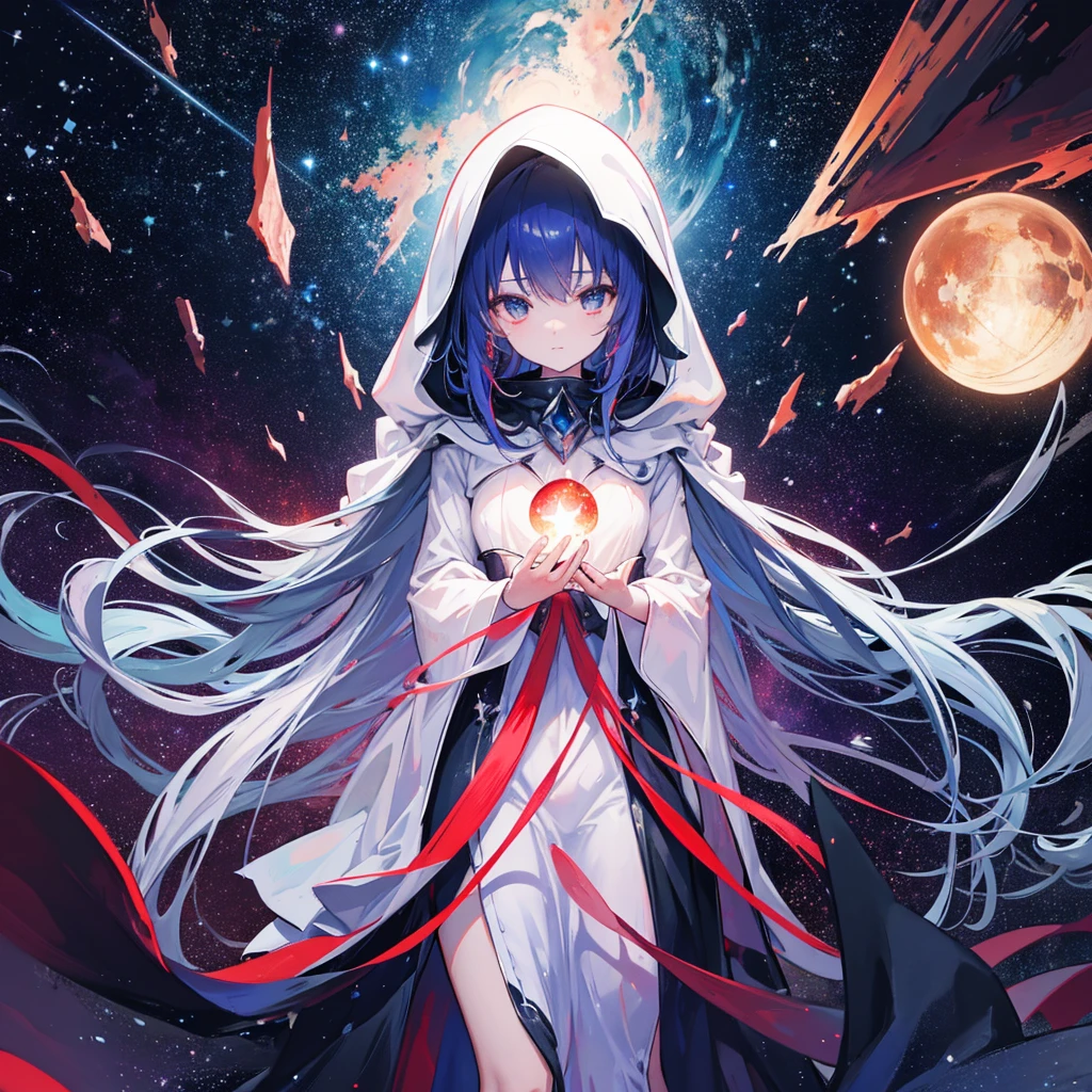 mysterious, hooded cosmic figure, standing in the depths of space with a celestial background of stars and galaxies. The figure's face is an infinite void filled with stars, representing the universe itself. It holds a glowing, mystical orb in its hands, symbolizing the power and mystery of the cosmos. The scene is bathed in dark, otherworldly colors with hints of red and white light, creating a sense of awe and reverence. The surrounding environment includes towering structures, possibly alien or ancient, and the overall atmosphere evokes the presence of a powerful observer of the universe.