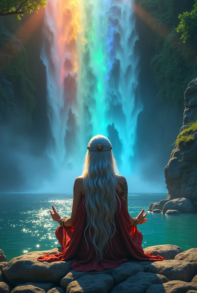 (photorealism:1.2), "Generate a colorful, 3D scene where Elder Elara is meditating by a waterfall with rainbow-colored water cascading down. The surrounding rocks are covered in glowing moss and magical symbols."