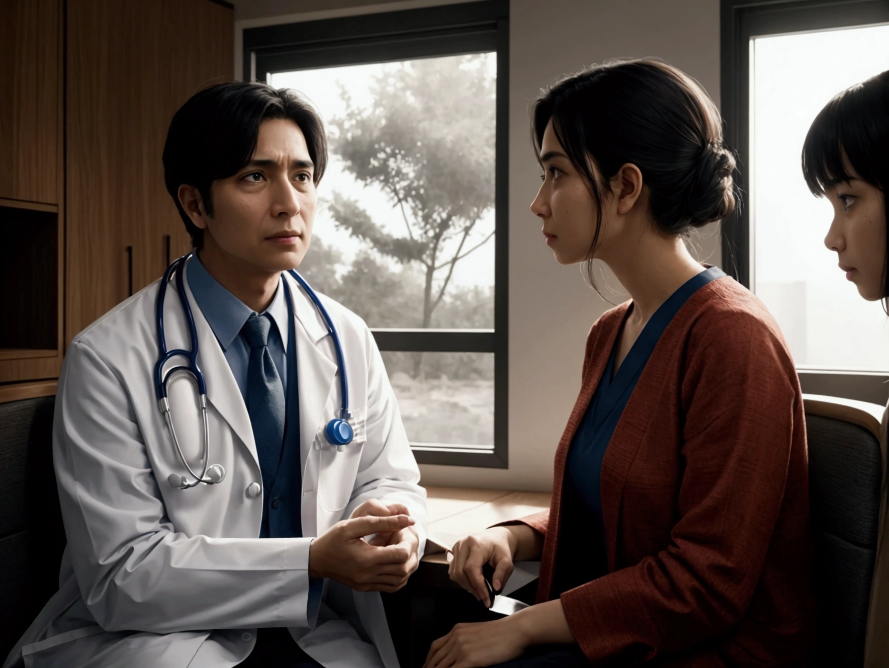 a doctor talking to a , and his family behind looking