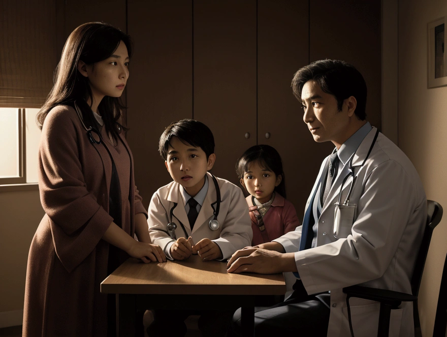 a doctor talking to a , and his family behind looking