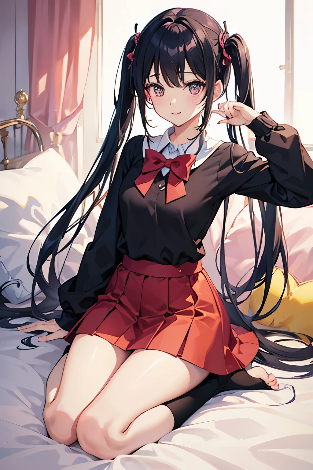 1girl, solo, yazawa nico, twintails, (red eyes), black hair, hair bow, single sidelock, small breasts, highres, best quality, high details, masterpiece, UHD, anatomically correct, textured skin, 8k, only transparent lingerie, leather thighhighs, from above, in bed, blush,