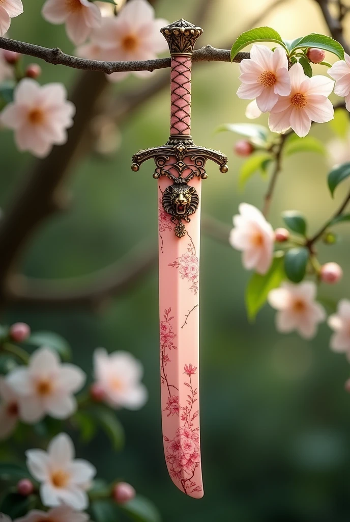Light pink sword sheath with flowers and a pendant with an antique jasmine flower and a small golden tiger